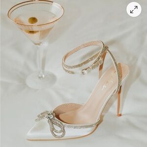 Lulu's White Satin Heels with Rhinestone Accents